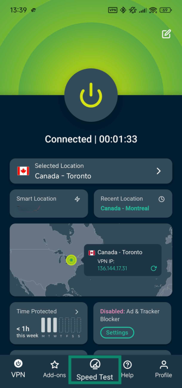 Accessing the Speed Test menu on ExpressVPN's Android app.
