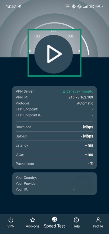 Starting a speed test on ExpressVPN's Android app.