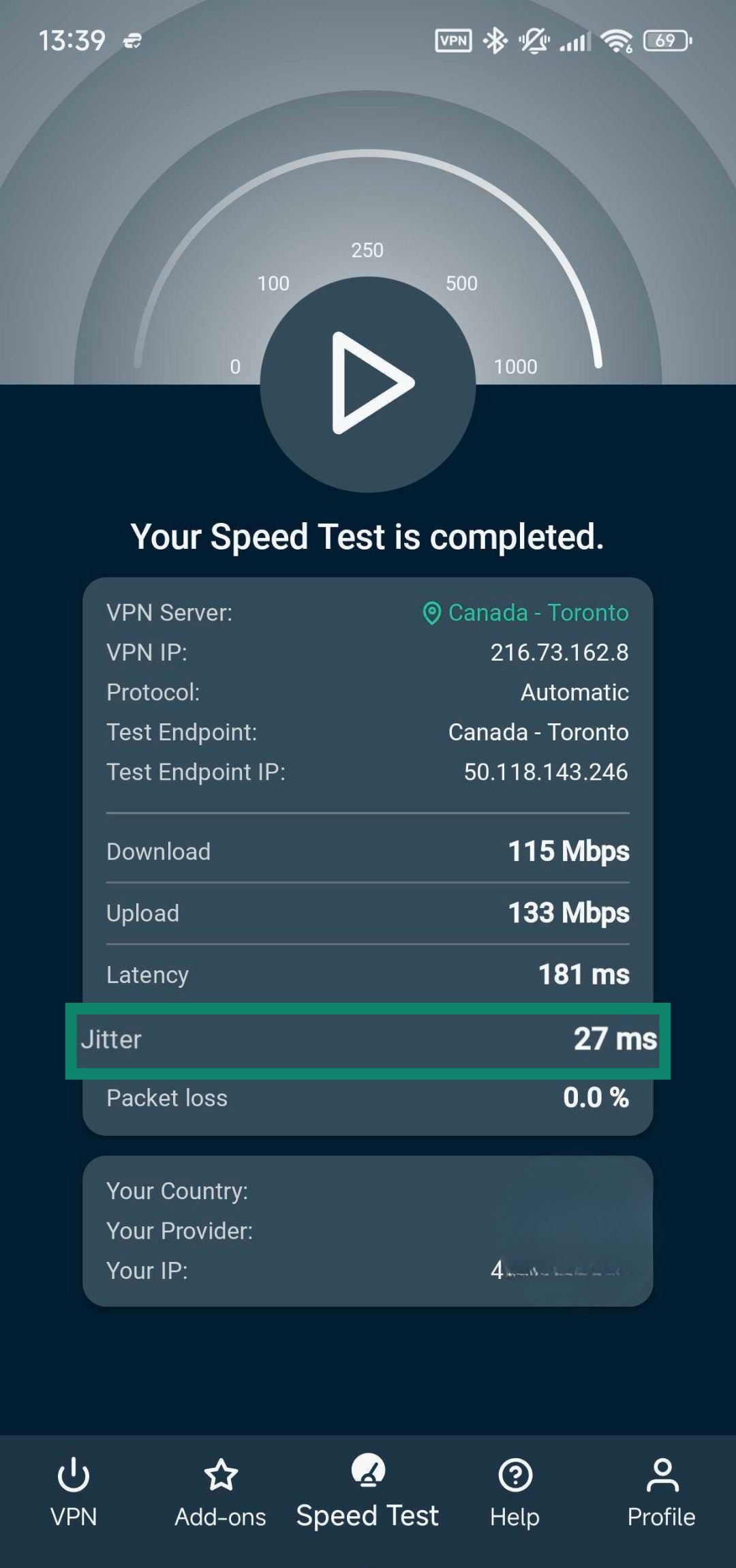 Results of a speed test done on ExpressVPN's Android app.
