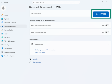A screenshot of the Windows VPN settings screen, showing the button to add a new VPN connection.