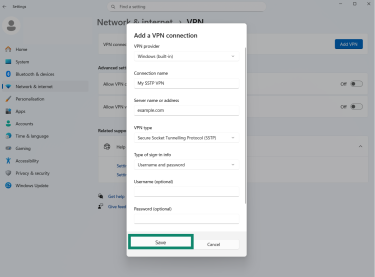 A screenshot of the Windows VPN settings setup screen, showing where the user can enter the connection name, type, and sign in details.