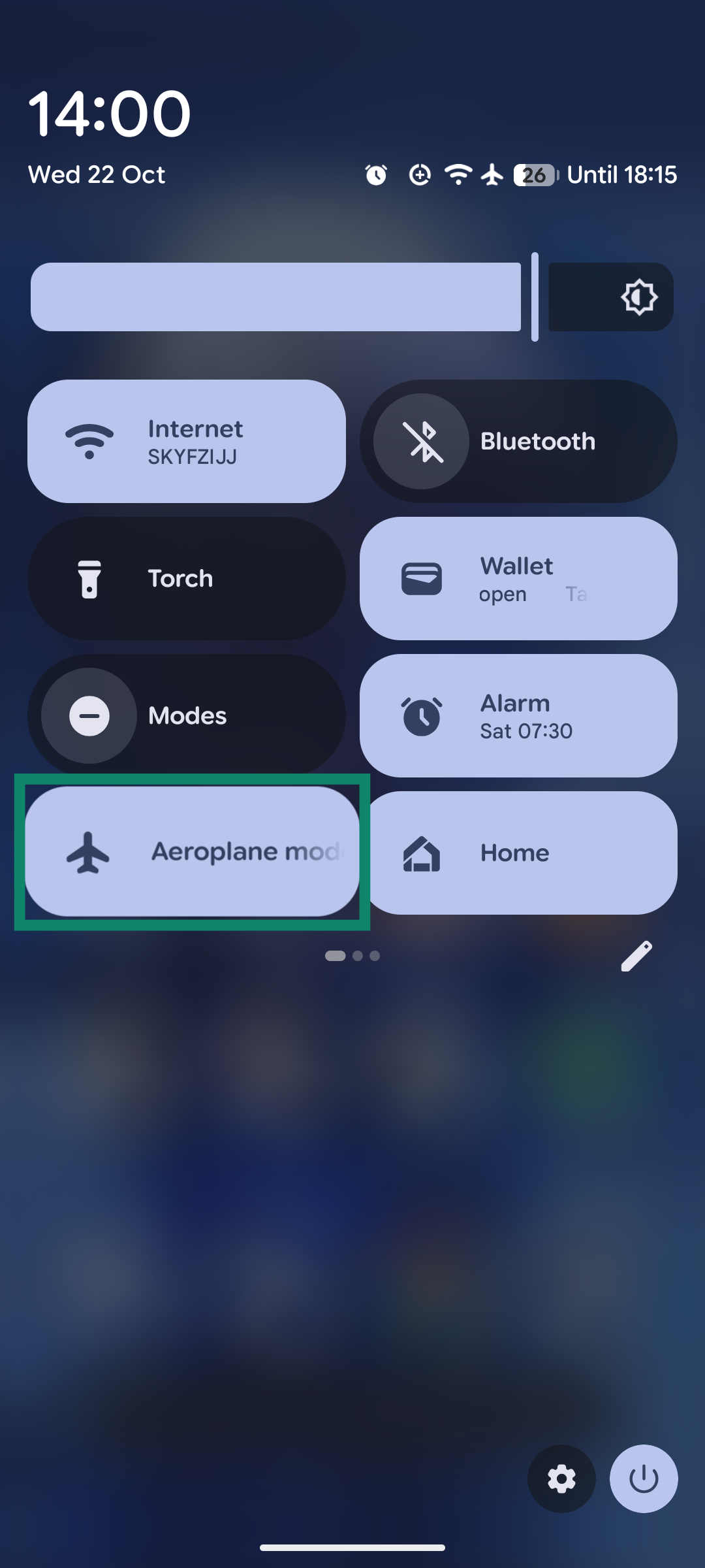 A screenshot of the Android Quick Settings menu, showing the Airplane Mode button.