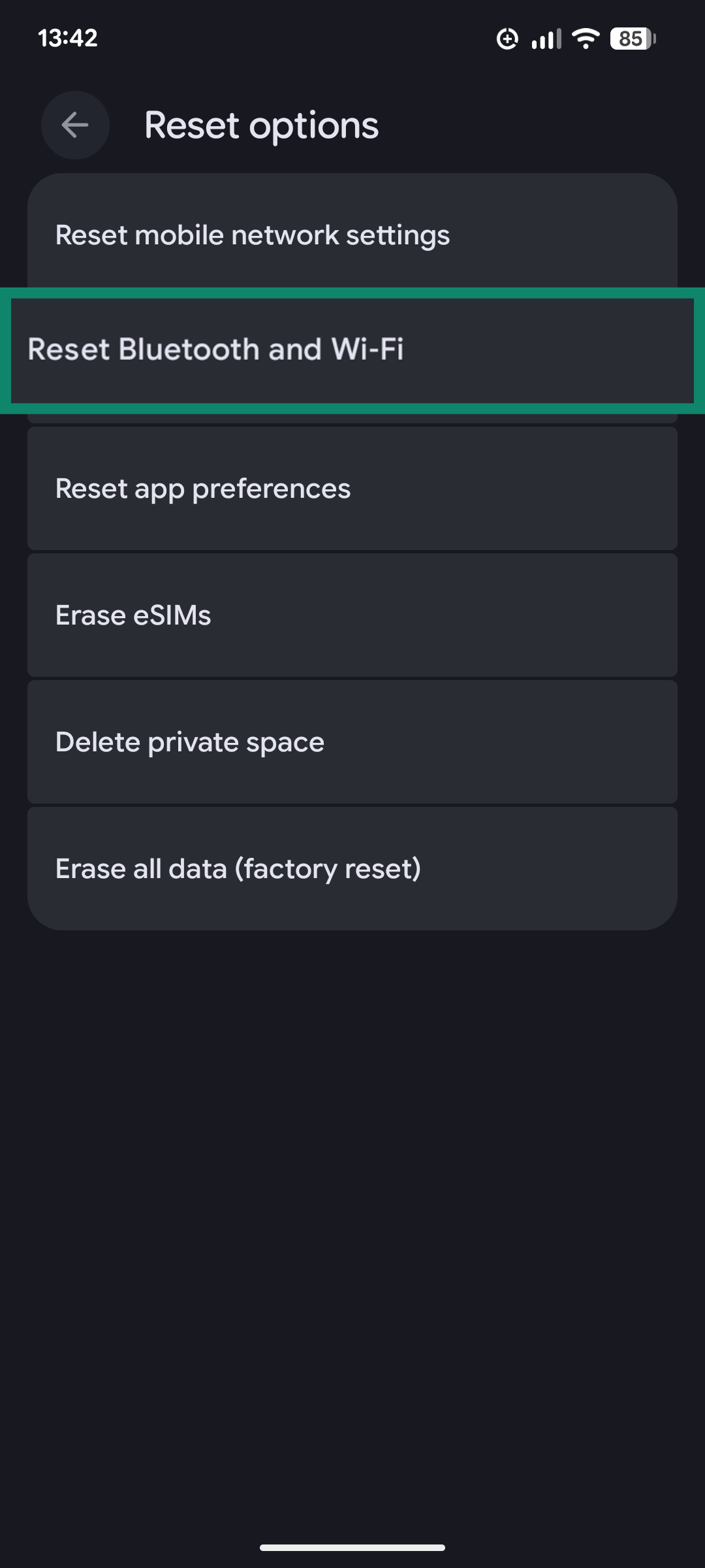 A screenshot of the Reset options in the Android Settings application, showing the button to reset Bluetooth and Wi-Fi settings.