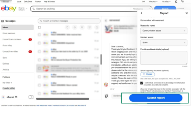 Fill out the form to report a suspicious message on eBay and click submit report.