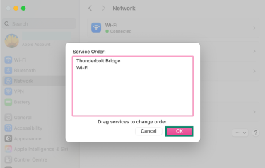Service Order window to reorder network connections.