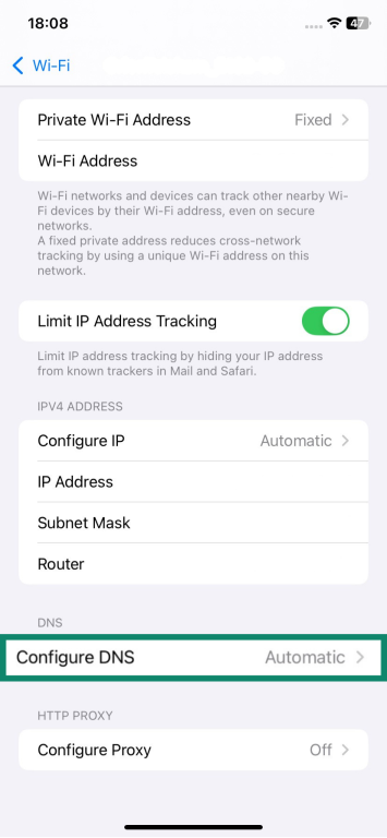 iOS Wi-Fi menu with the Configure DNS option highlighted