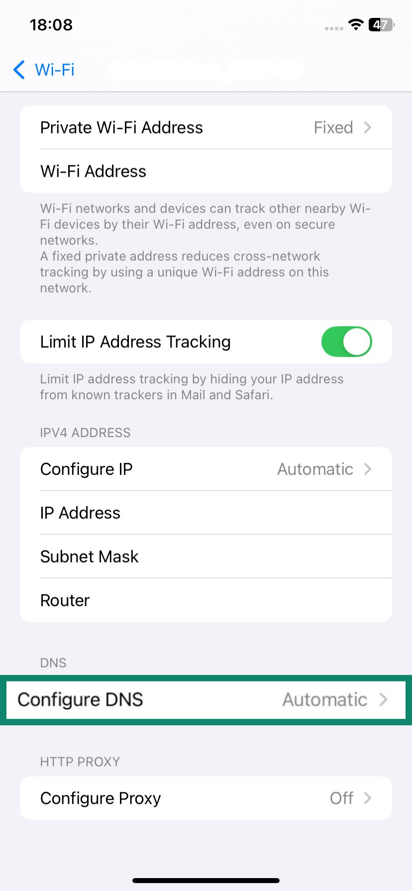 iOS Wi-Fi menu with the Configure DNS option highlighted