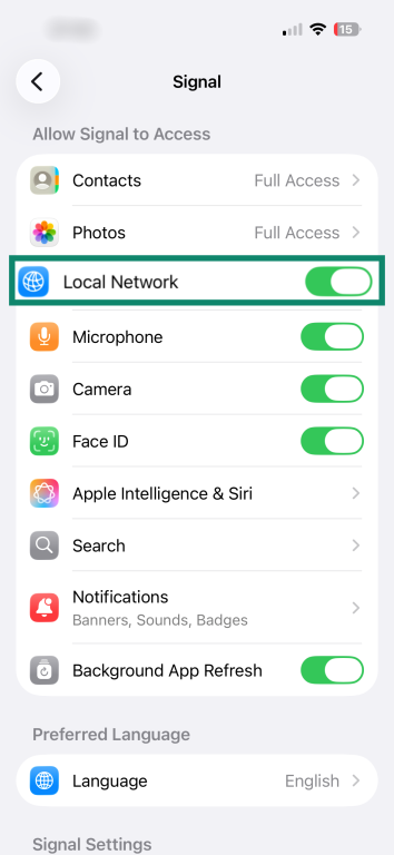 The device permissions screen for the Signal app. The "Local Network" option is toggled on and is enlarged and highlighted.