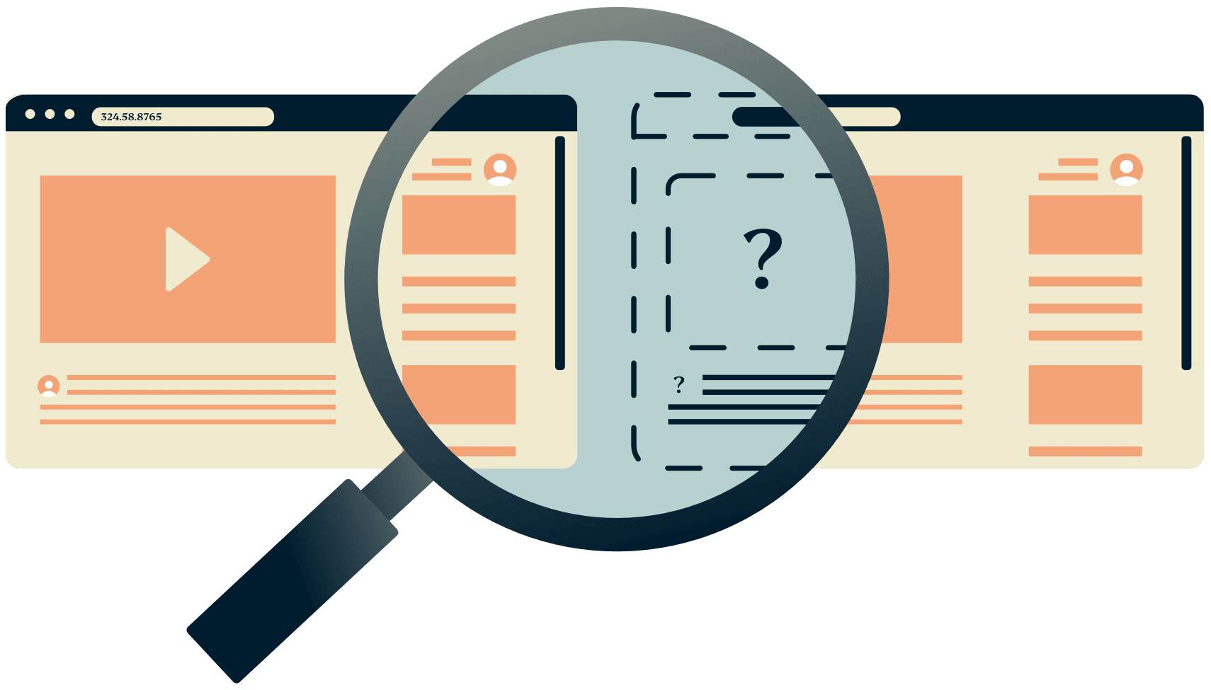 Ett förstoringsglas över två webbläsarfönster där ett av dem är dolt.