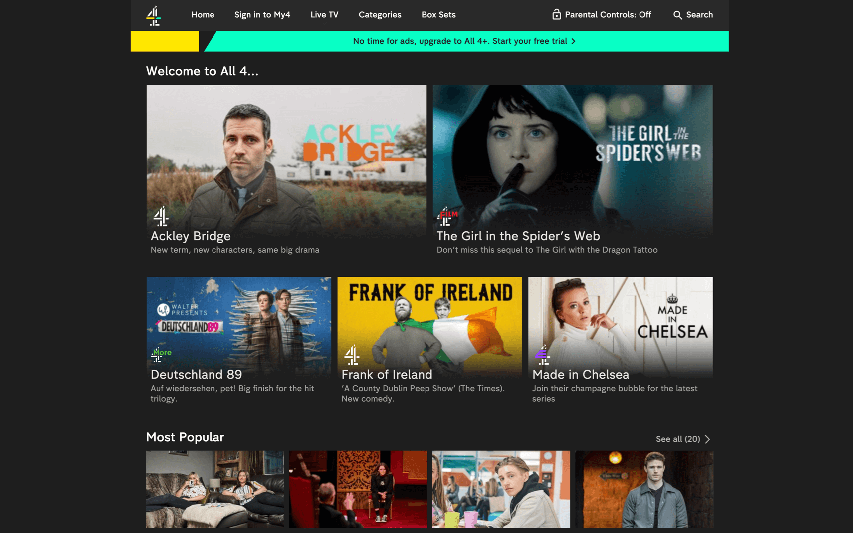 Channel 4 UK All 4 App-Homescreen und Sendungen
