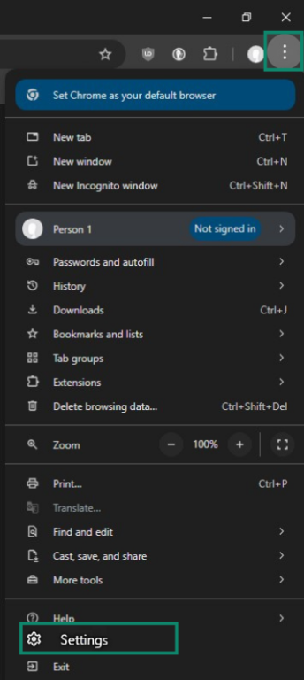 The Chrome browser showing the three-dot menu with the Settings option highlighted.