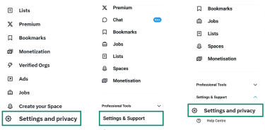 Three side-by-side screenshots showing how to navigate to X’s settings. The first image shows the desktop menu where ‘Settings and privacy’ is a direct option. The other two images show the mobile process of tapping ‘Settings & Support’, then selecting ‘Settings and privacy’ from the sub-menu.
