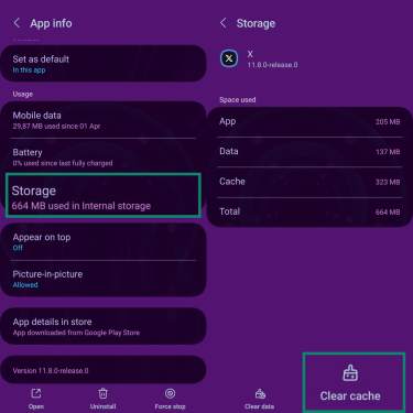 Two side-by-side screenshots showing how to clear the cache for the X app on Android. The first shows the "Storage" option in App info, and the second shows the "Clear cache" button on the Storage screen.