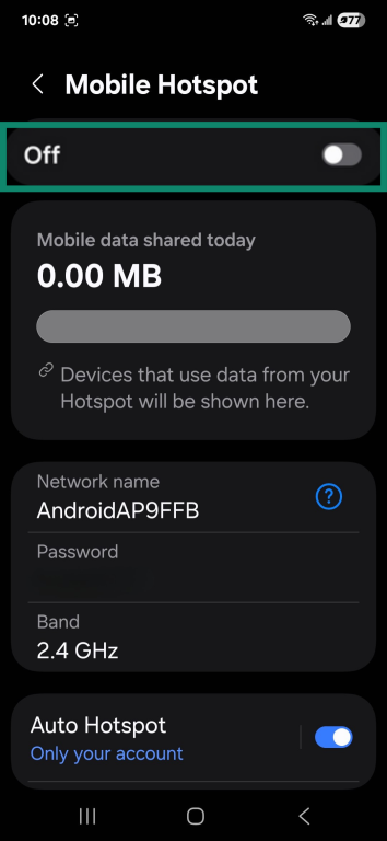 Android Mobile Hotspot settings.