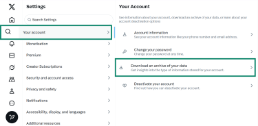 Two side-by-side screenshots of the X settings menu. The first shows "Your account" selected, and the second shows the "Download an archive of your data" option highlighted.