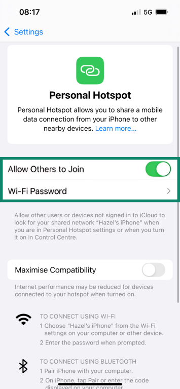 iPhone Personal Hotspot settings with Allow Others to Join and Wi-Fi Password highlighted.