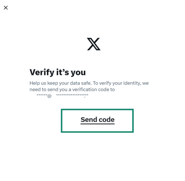 The X identity verification screen titled "Verify it's you," with a "Send code" button to get a verification code.