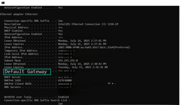 Windows Command Prompt showing network configuration details