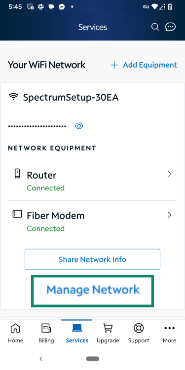 Spectrum app screen with "Manage Network" option highlighted.