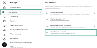 Two side-by-side screenshots of the X settings menu. The first shows "Your account" selected, and the second shows the "Deactivate your account" option highlighted.