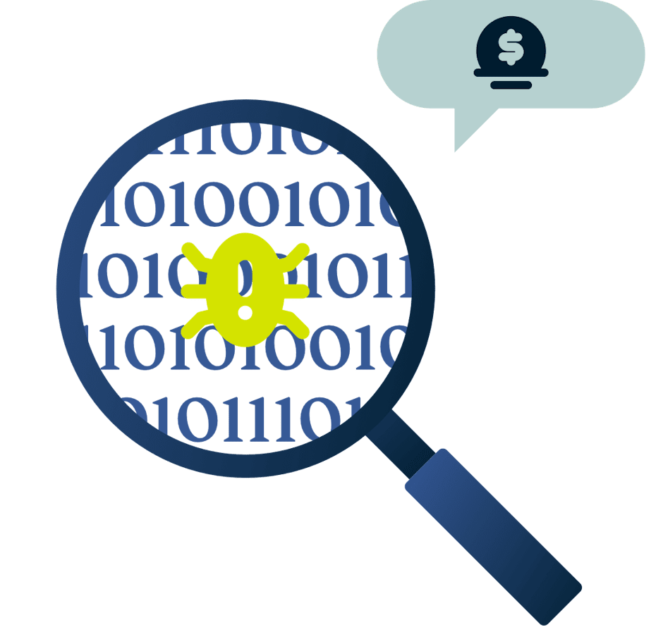 A magnifying glass with a bug in it and a reward symbol.